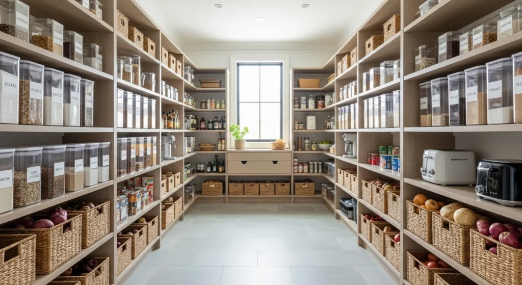 Walk-in pantry with symmetrical shelving layout creating a balanced organized look