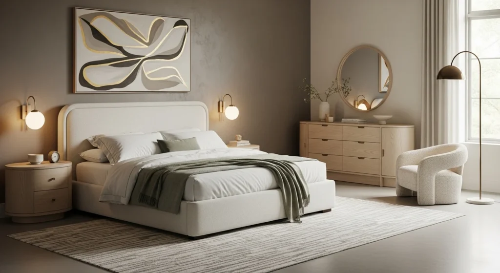 Bedroom featuring soft curved dresser adding elegance and smooth visual flow