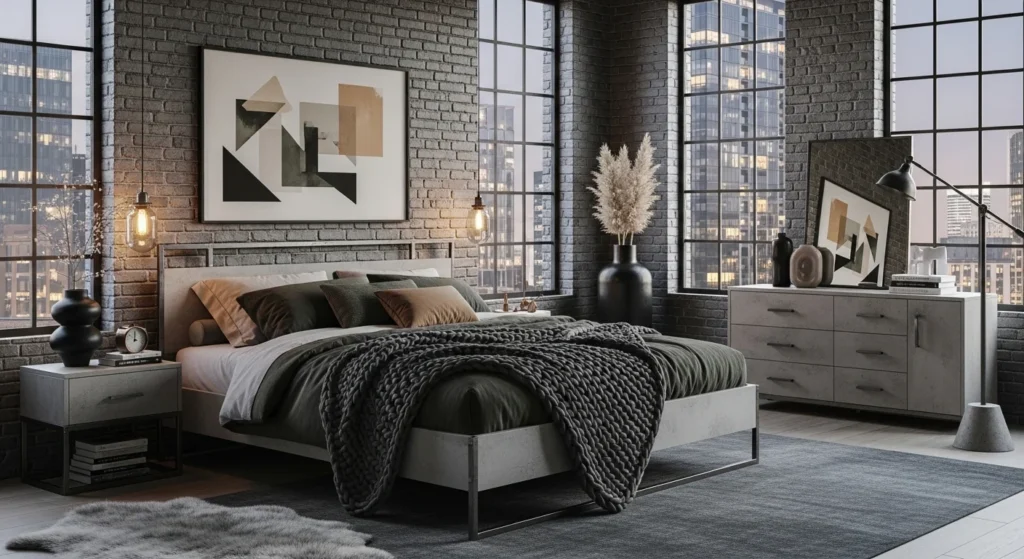 Industrial grey bedroom with exposed brick, metal furniture, and modern 2026 urban interior