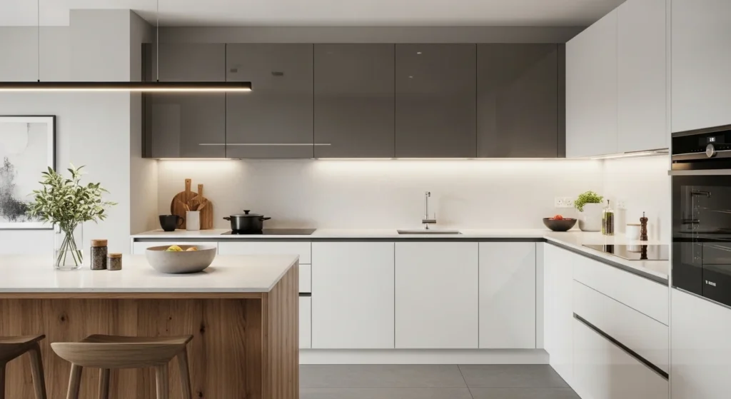 Contemporary kitchen featuring cabinets with matte, glossy, and wooden textures for modern and dynamic 2026 style