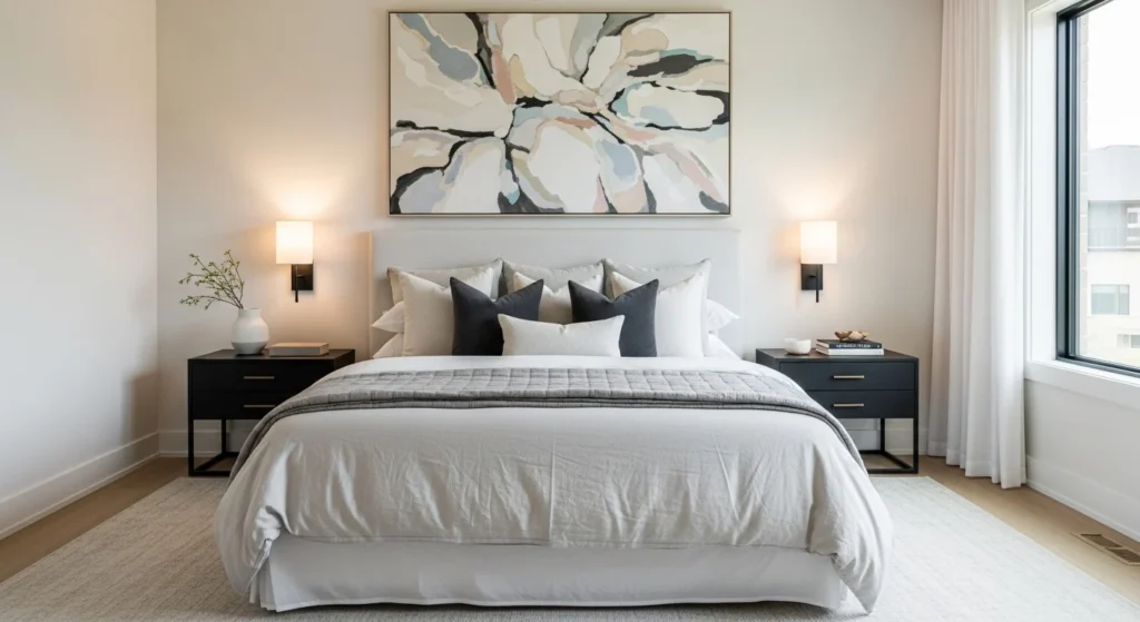 Luxury master bedroom featuring an upholstered bench at the end of the bed for style and function