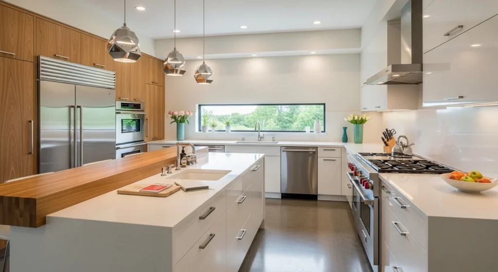 Kitchen design combining wood and quartz countertops for layered look