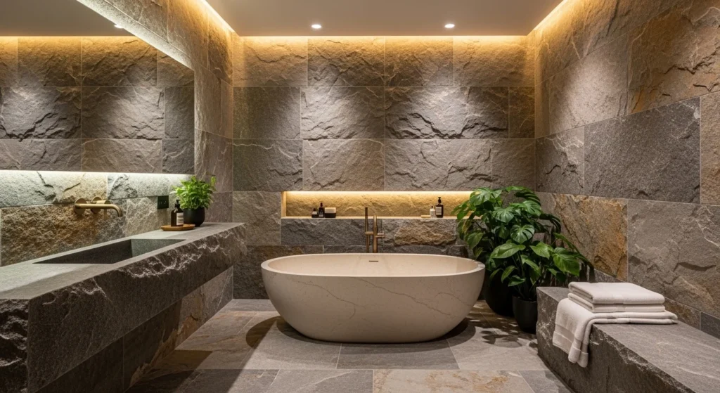 modern bathroom designed with natural stone textures and spa-like atmosphere