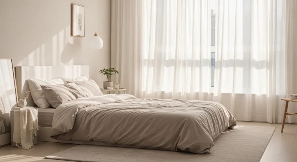 Calm neutral bedroom with sheer curtains allowing soft natural light inside.