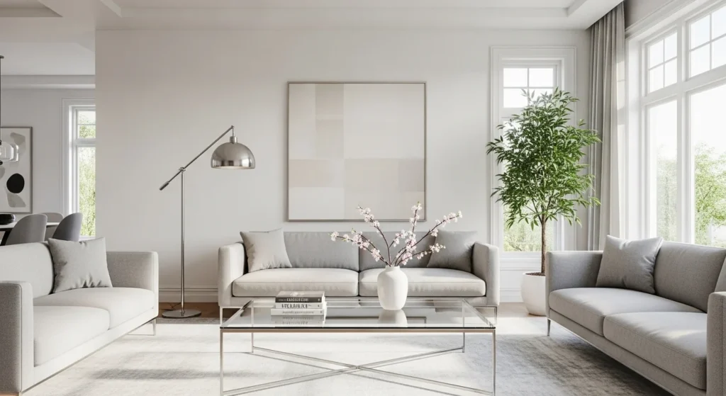 Elegant white living room featuring glass coffee table for an open modern look