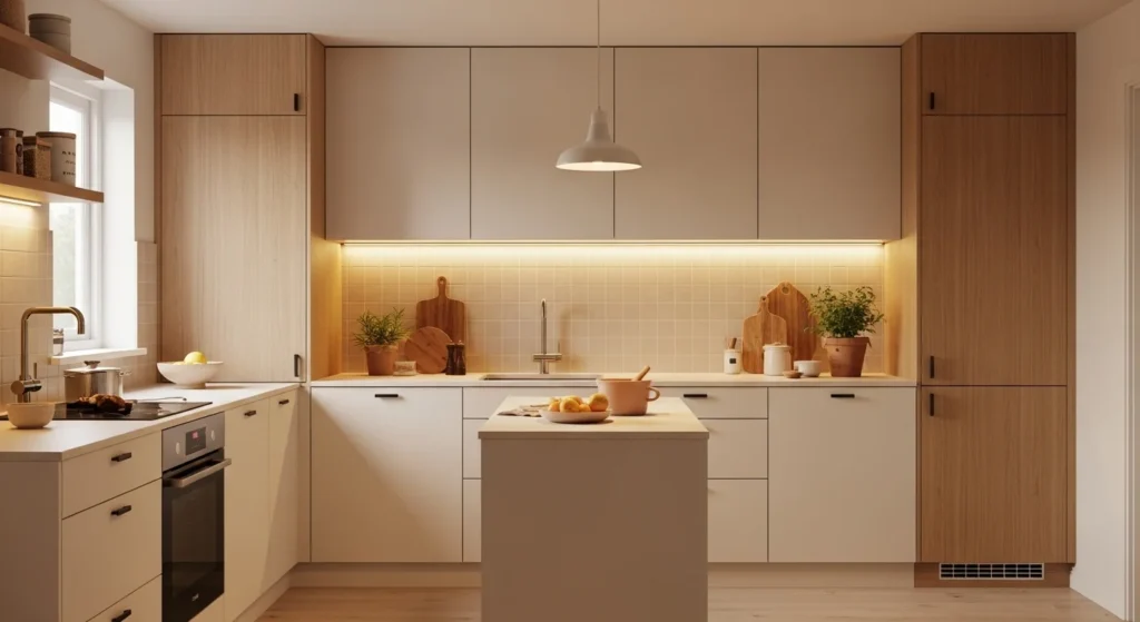 Modern cozy kitchen with seamless built-in storage and clutter-free design