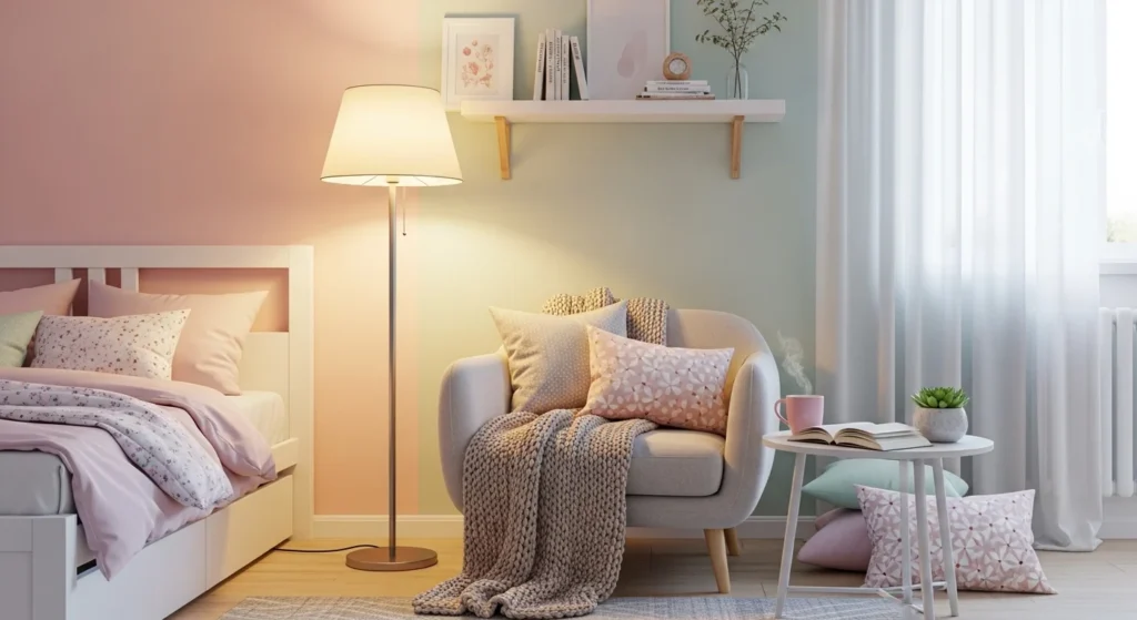 cozy girls bedroom with reading nook chair and warm relaxing lighting