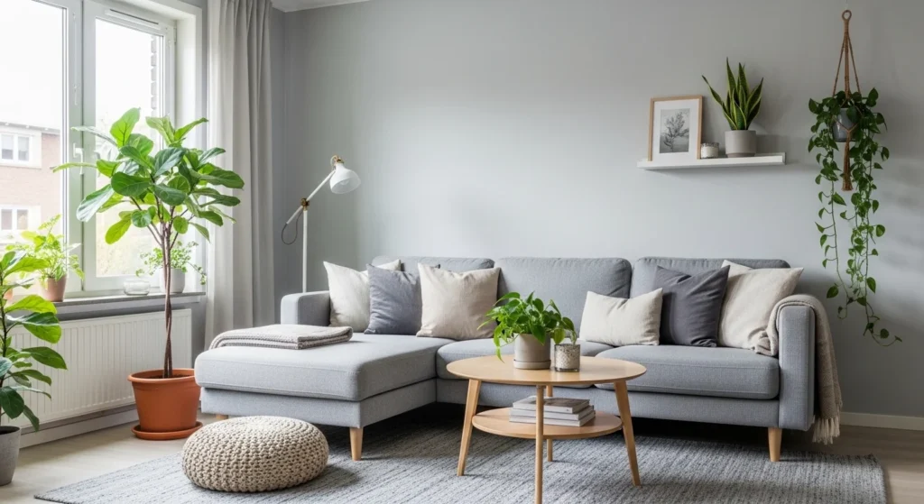 Modern gray living room decorated with indoor plants for natural freshness.