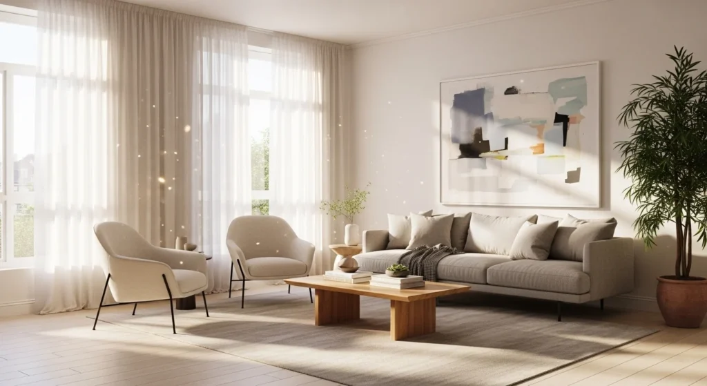 Apartment living room styled with sheer curtains allowing natural light flow