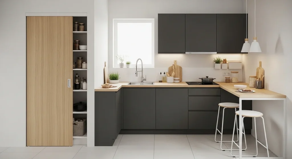Modern small kitchen featuring sliding pantry door for efficient space usage