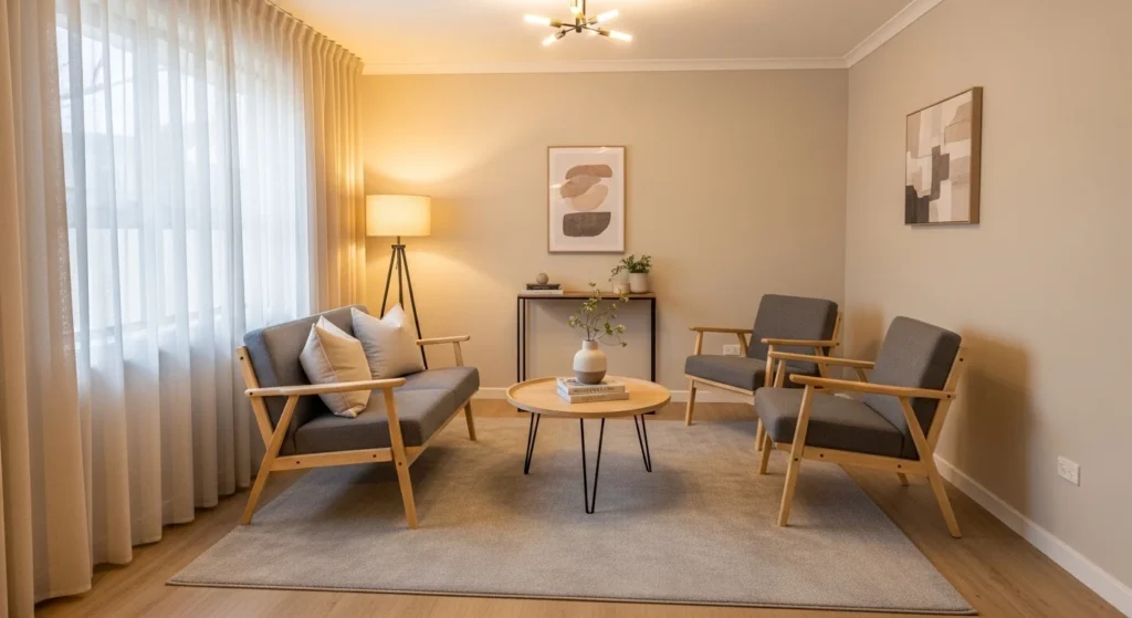 Compact living room using an area rug to define the seating layout