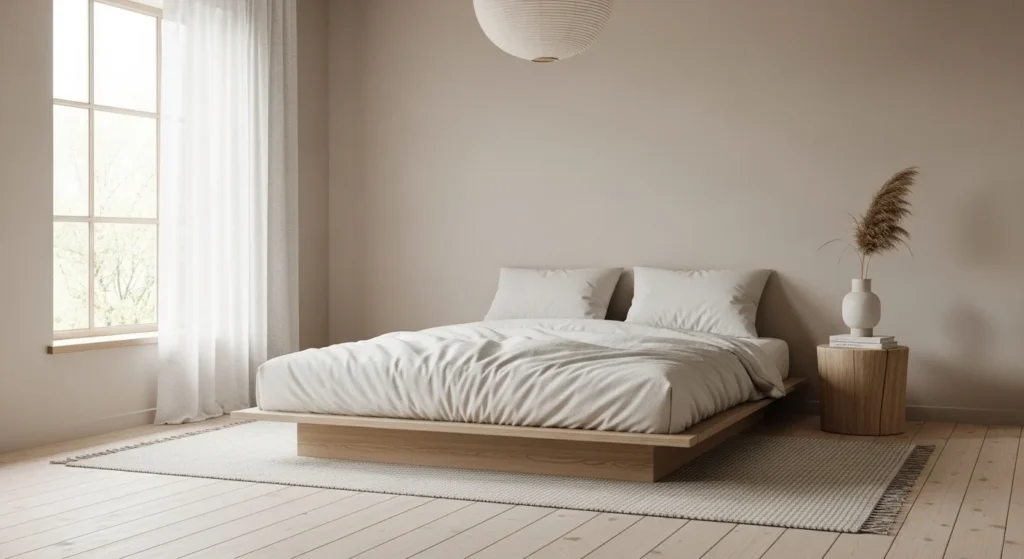 Japandi-style guest bedroom with low bed and natural wood tones