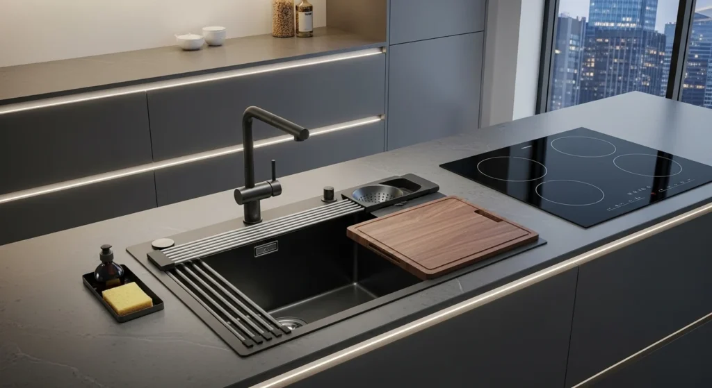 Modern kitchen workstation sink with integrated cutting board and prep accessories.
