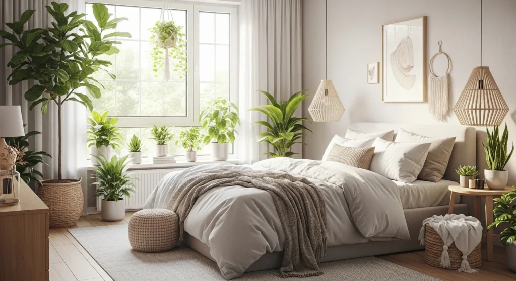 Cozy bedroom styled with indoor plants creating fresh calming environment