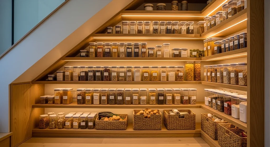 Custom pantry shelves built under staircase for smart storage use