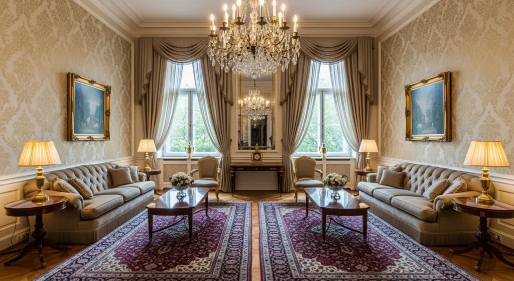 Symmetrical parlor seating arrangement creating a balanced and elegant loo