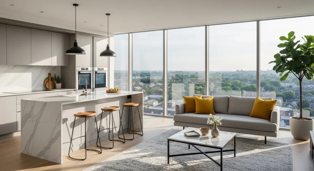 Bright open kitchen living room filled with natural light from large floor-to-ceiling windows
