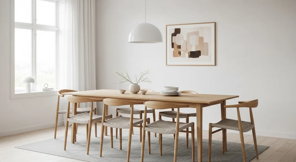 Bright Scandinavian dining room with light wood furniture and minimalist decor