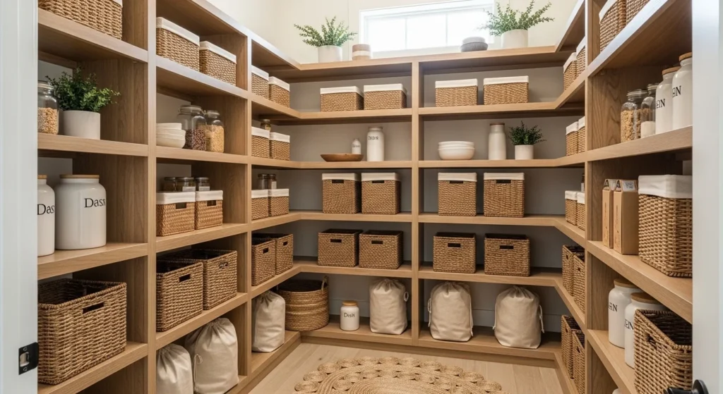 pantry using woven baskets for organized and natural storage