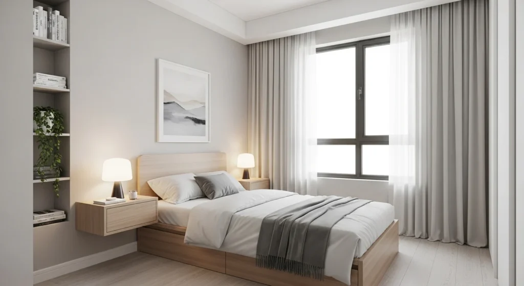 Compact minimalist bedroom designed with space-saving furniture and clean layout