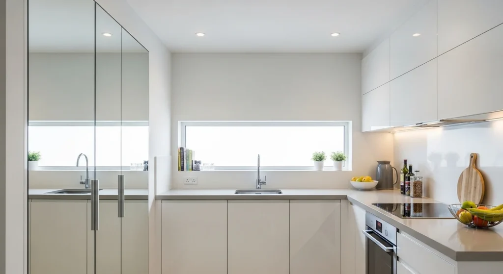 Small kitchen with mirrored hidden pantry doors creating a spacious visual effect.