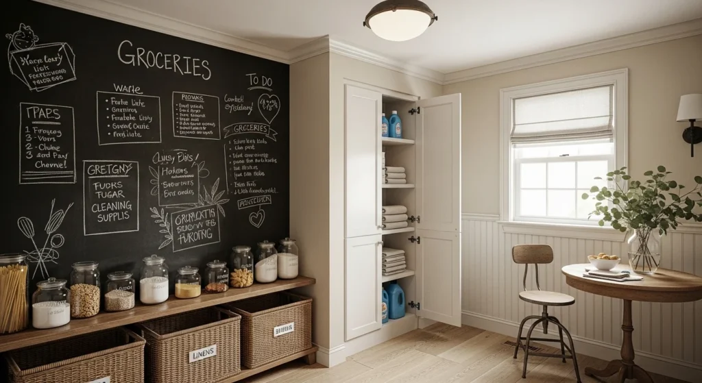 Laundry room pantry featuring chalkboard wall for notes and grocery lists