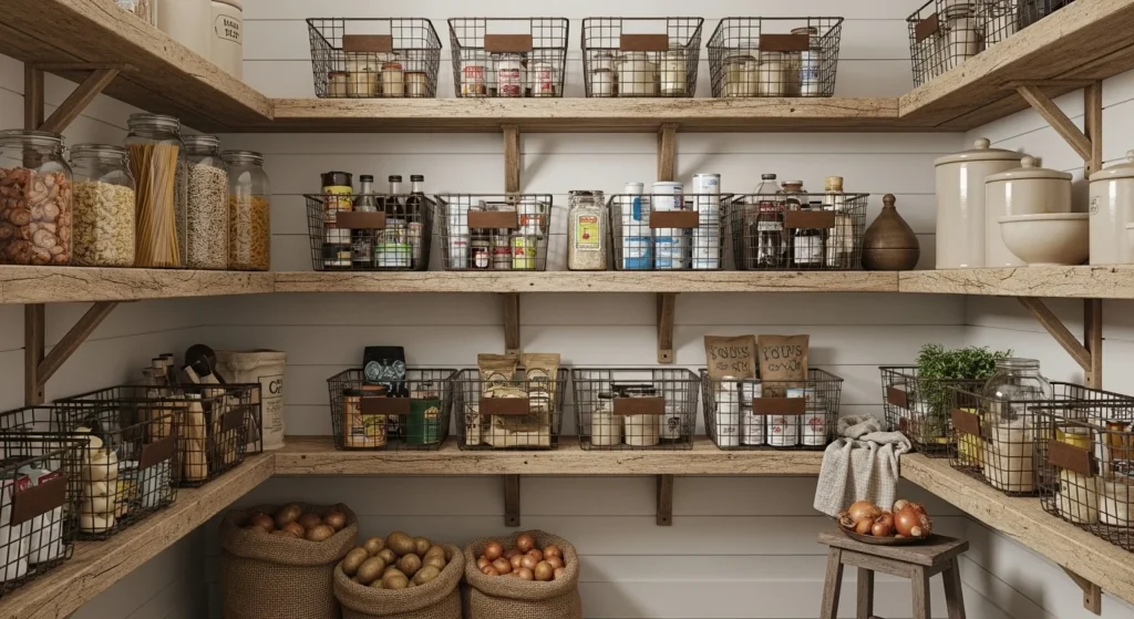 Farmhouse pantry using wire baskets for visible and ventilated food storage