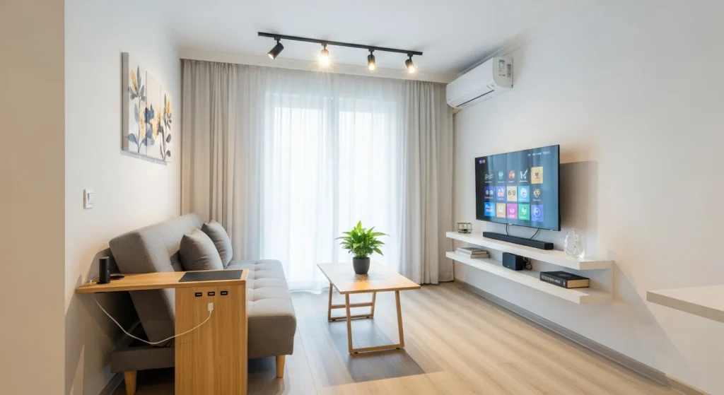 Small apartment living room with compact sofa, smart furniture placement, and a clean modern layout