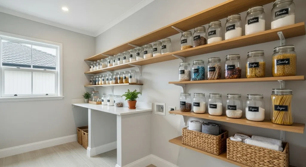 Laundry room pantry with open shelves and neatly arranged jars for easy access