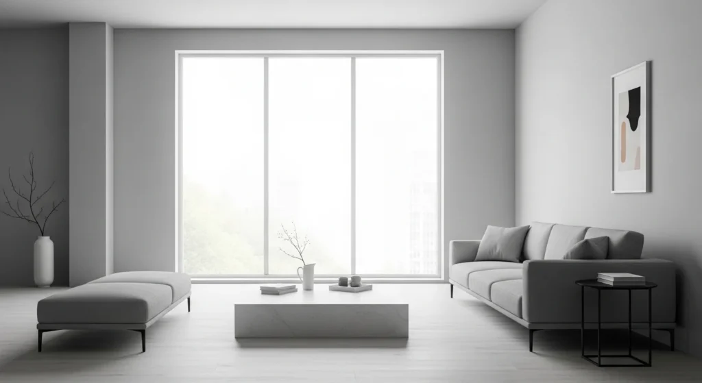 Light gray minimalist living room with clean lines, simple furniture, and bright natural daylight