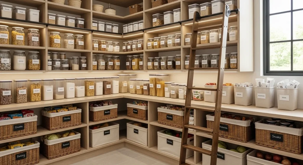 Pantry shelves with labeled food containers for easy identification and organization