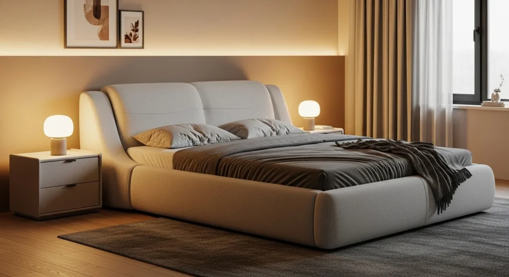 Upholstered bed with a soft curved headboard adding warmth and comfort to a modern bedroom