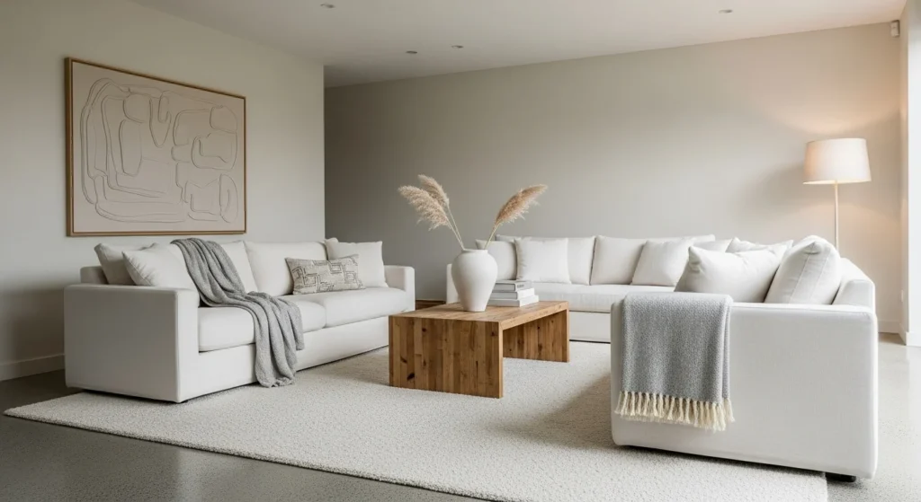 Minimalist parlor featuring layered textures and soft neutral furniture for a calm look