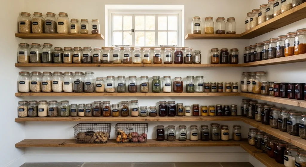 White farmhouse pantry styled with rustic wood accents and organized shelves