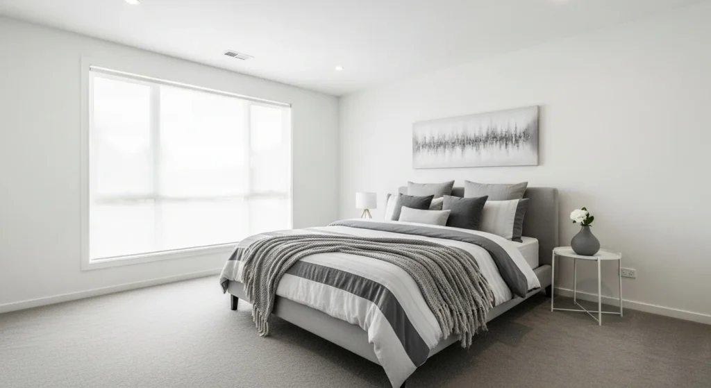 : Modern bedroom combining grey and white colors for a bright and balanced look