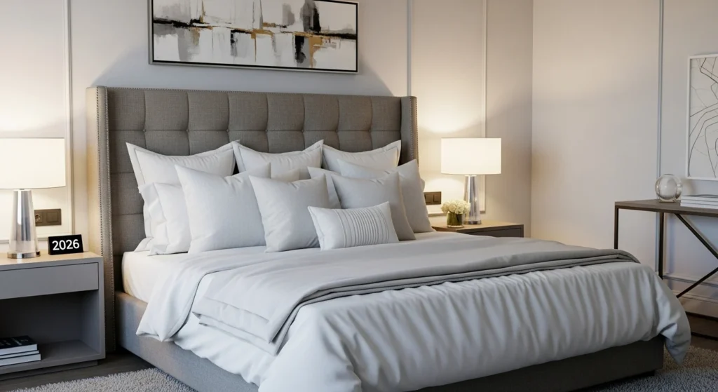 Hotel-inspired guest bedroom with luxury bedding and modern lighting for a premium 2026 look