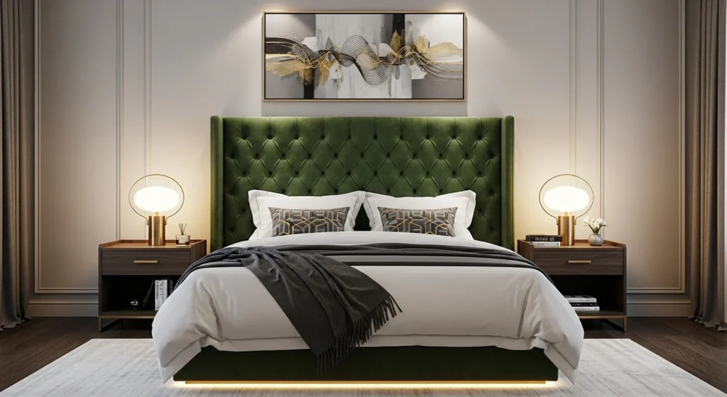 Modern bedroom layout featuring a centered bed with symmetrical nightstands and balanced lighting