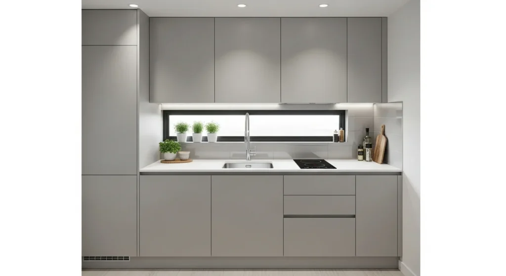 Small modern kitchen featuring handleless cabinets for a sleek and space-saving layout