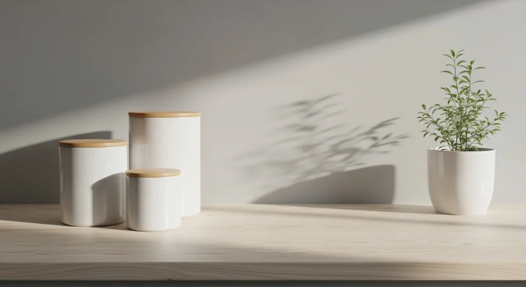 Modern kitchen counter with neutral ceramic storage canisters