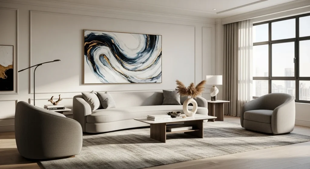 Living room featuring curved sofa and rounded furniture design