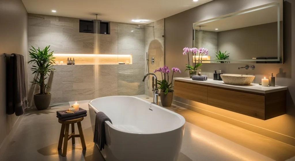 Basement bathroom designed as a mini-spa with freestanding tub and rainfall shower