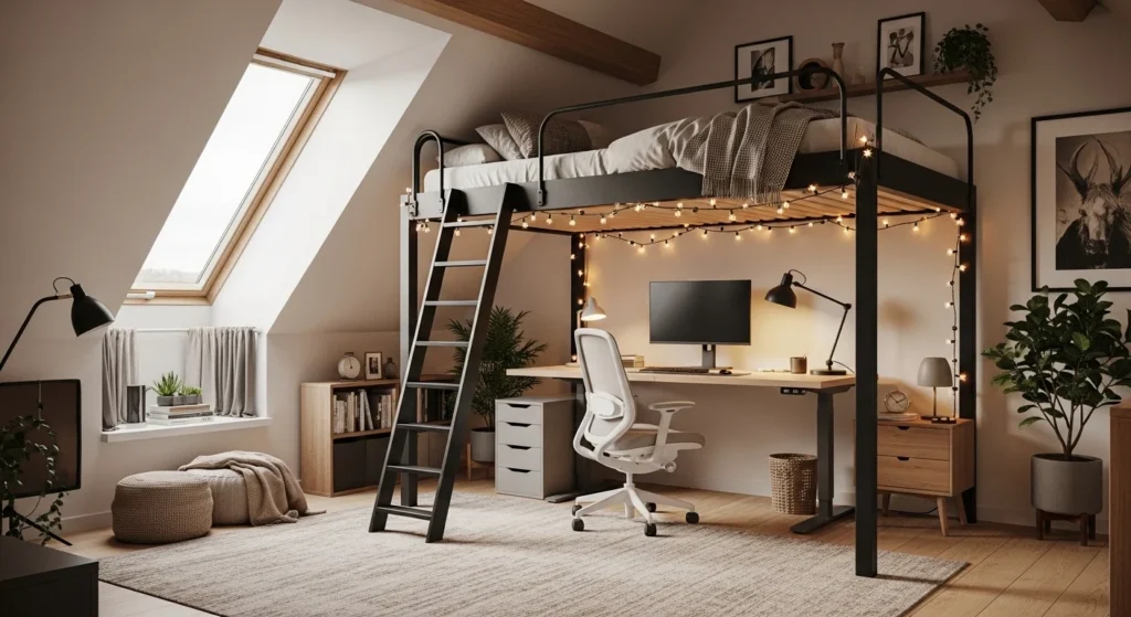 Attic bedroom with lofted bed and multifunctional under-bed area