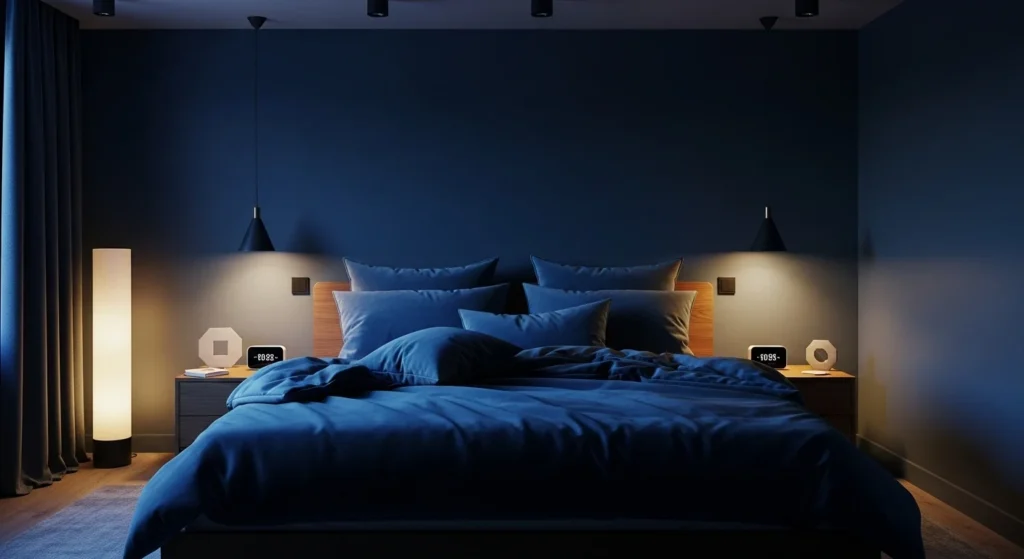 Bedroom with deep blue walls, velvet bedding, and layered ambient lighting