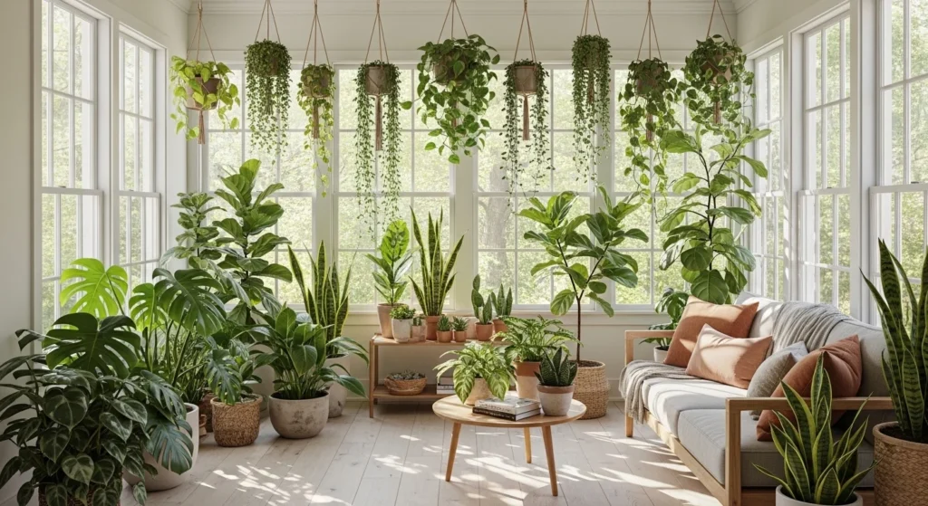 Sunroom filled with indoor plants and greenery in natural light