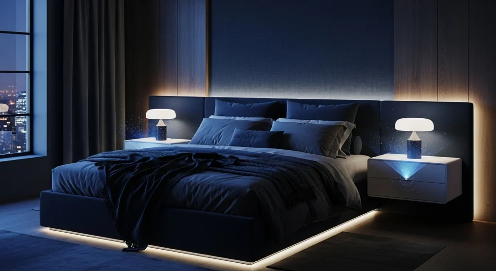 Bedroom with deep navy walls creating a dramatic and cozy mood