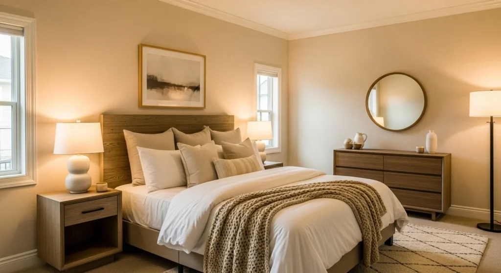 Guest bedroom designed in warm beige and cream tones with cozy bedding and soft lighting