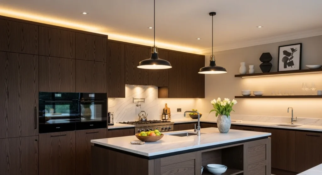 Dark oak kitchen cabinets creating a warm and dramatic modern space