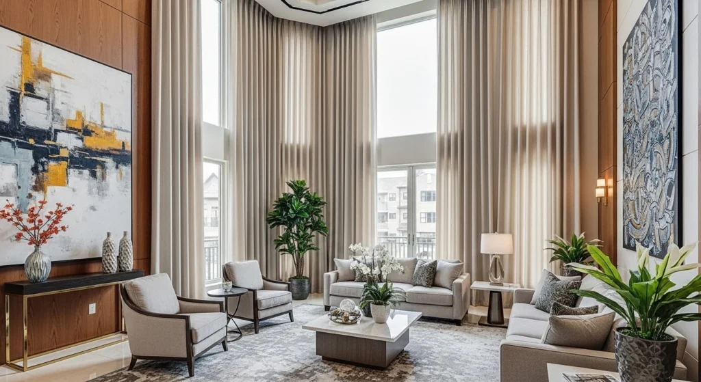 Living room with tall floor-to-ceiling curtains creating elegant look