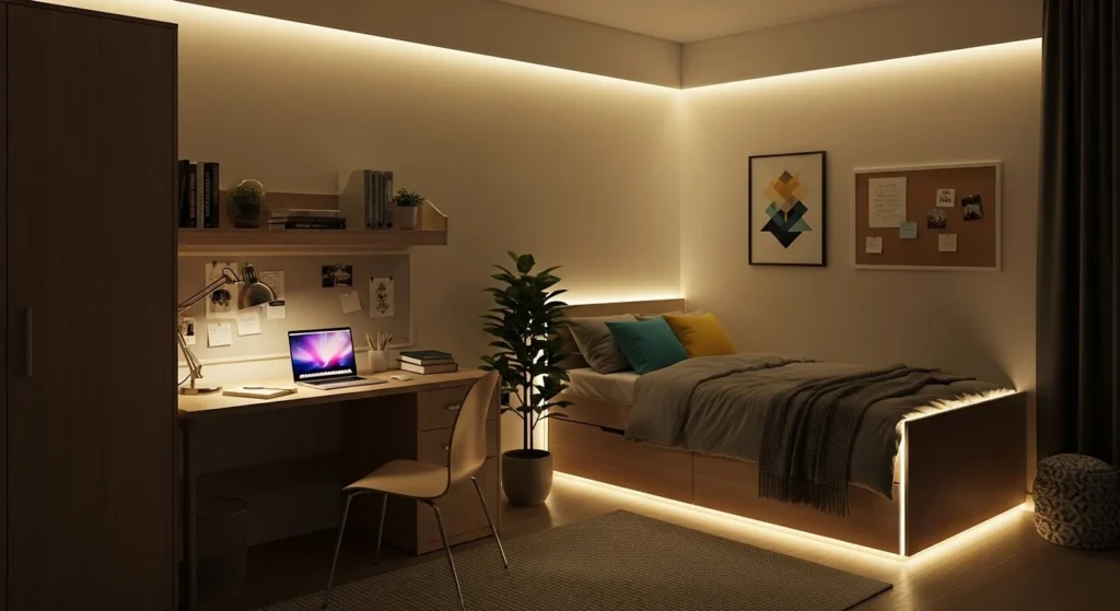 Dorm room with LED strip lights creating accent wall lighting