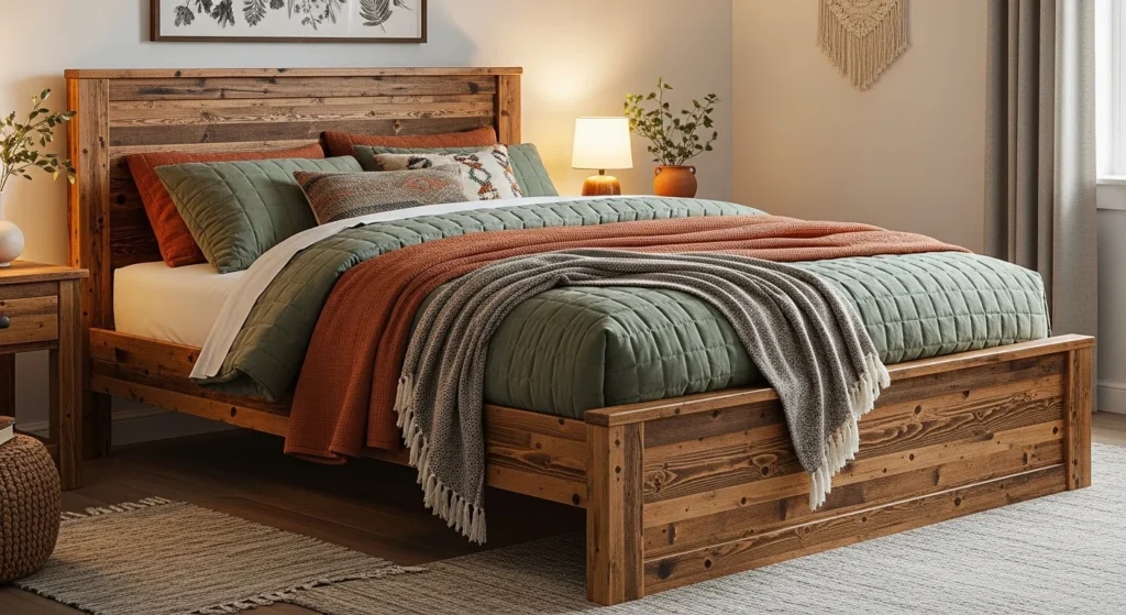 Rustic wooden bed made from reclaimed wood with cozy blankets
